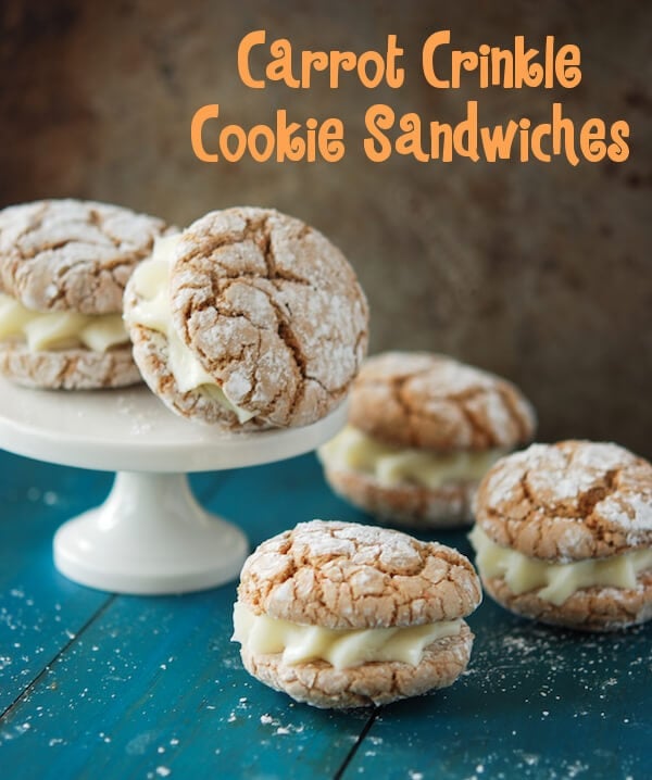 Carrot Crinkle Cookie Sandwiches from www.thenovicechefblog.com carrot cake, boxed cake, cake mix, boxed mix, store bought, easy, fast, cream cheese, dessert, cookies